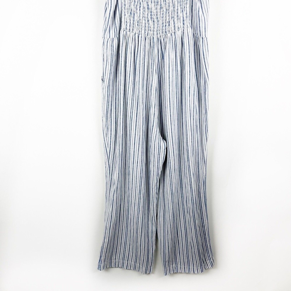 Old Navy Linen Cropped Jumpsuit Smocked Back Blue Stripe Boho Lagenlook - Picture 9 of 16